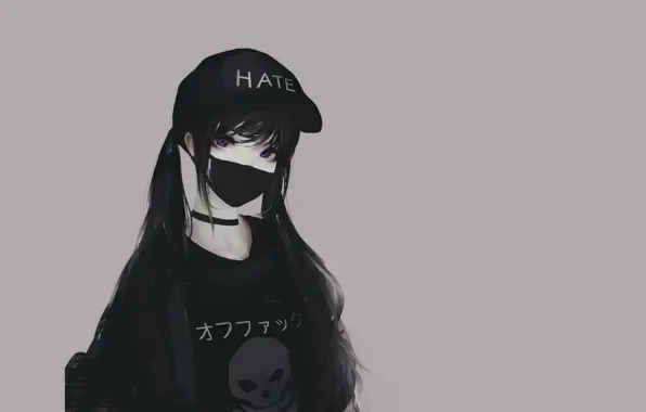 Sake, girl, black, style, art, cap, mask, choker