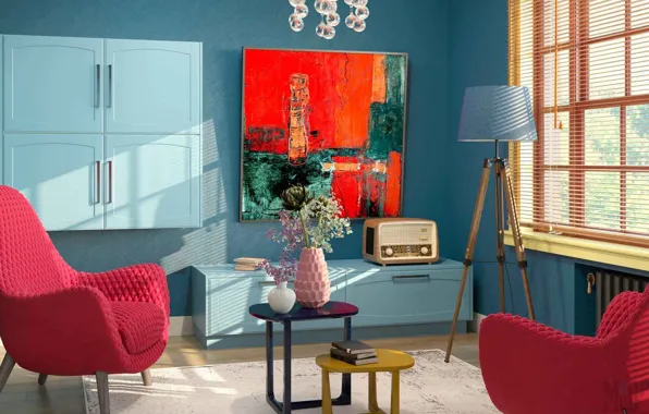 Lamp, radio, interior, picture, chairs, retro style, living room