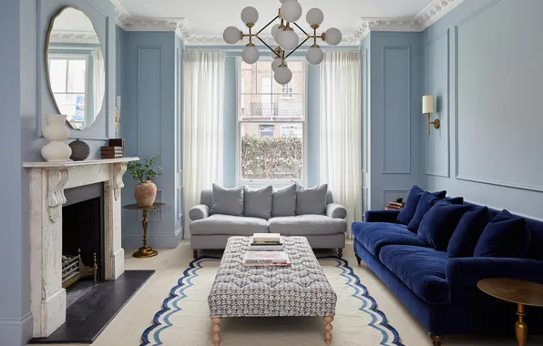 Design, style, room, interior, fireplace, living room, upholstered furniture, blue walls