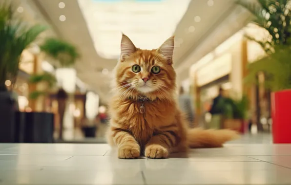 Cat, look, pose, kitty, tile, plants, red, the ceiling