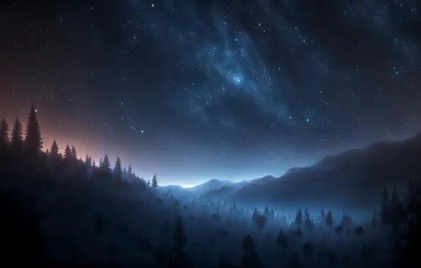 Picture forest, landscape, night, mountains, stars