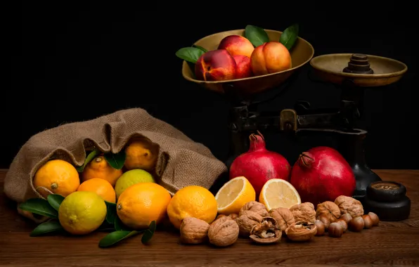 Picture nuts, still life, bag, Libra, lemons, grenades, nectarines, weights