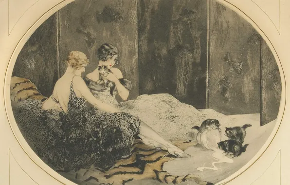 Picture kittens, bowl, 1925, Louis Icart, etching and aquatint, Spilled milk