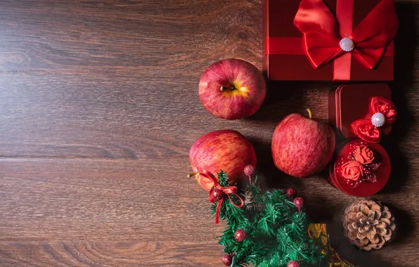 Background, holiday, box, gift, apples, Board, Christmas, gifts