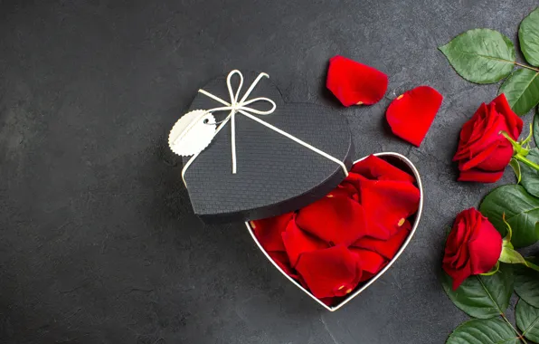 Leaves, love, flowers, the dark background, holiday, box, gift, heart