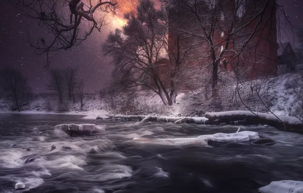 Picture winter, the sky, snow, trees, landscape, night, nature, river