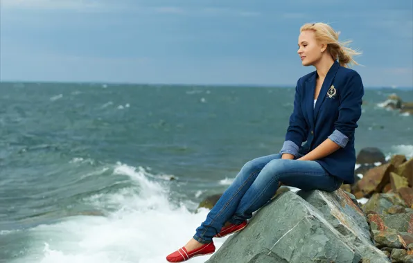 Waves, sky, hot girl, ocean, nature, rocks, stones, outside
