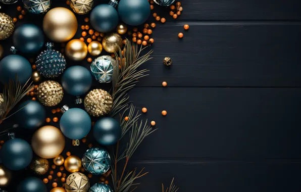 Picture decoration, the dark background, balls, New Year, Christmas, dark, golden, new year