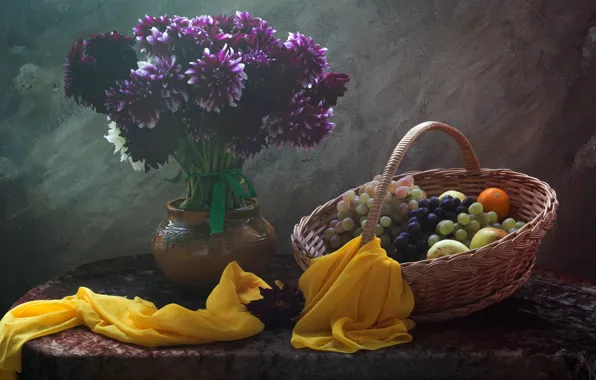 Light, flowers, blue, green, table, background, bouquet, grapes