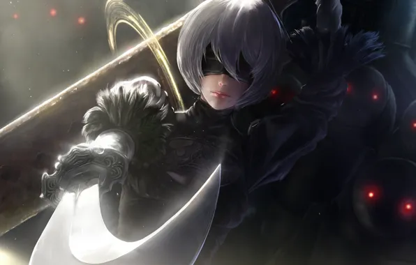 Girl, fiction, sword, robots, art, headband, cyborg, saber