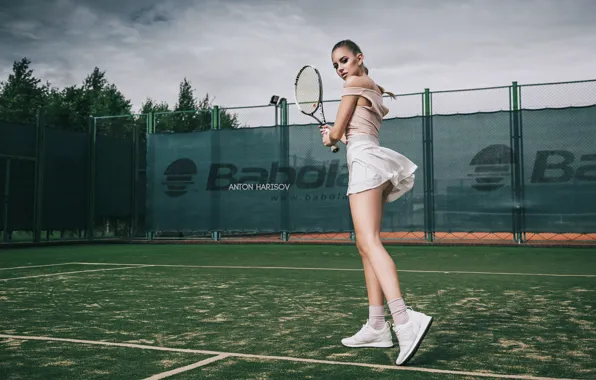 Girl, pose, racket, tennis, court, Anton Kharisov, Katrin Sarkozy