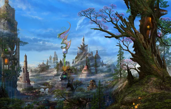 Clouds, trees, the city, fantasy, art, haze, ucchiey, if kazama uchio