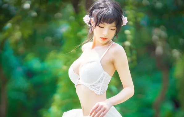 Lips, asian, black hair, White Bra, QingShuiYouNai