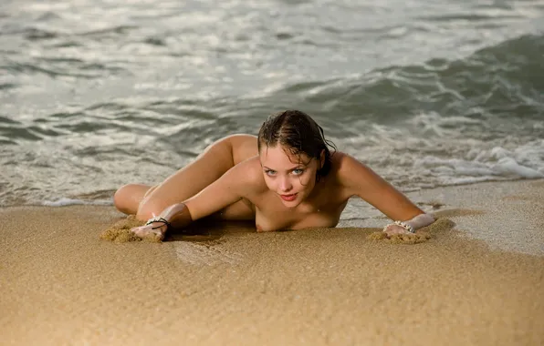 Sand, sea, beach, look, girl, smile, surf, bracelet