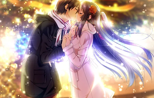 Picture girl, lights, holiday, kiss, anime, scarf, art, guy