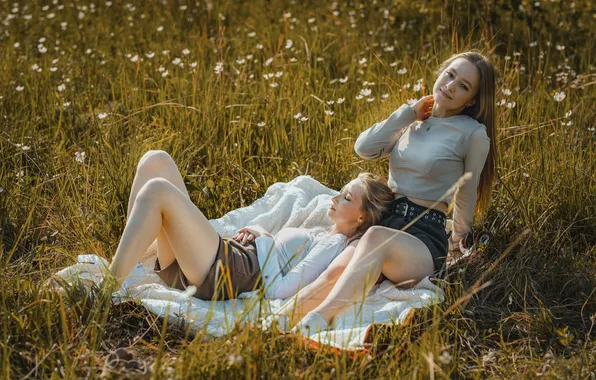 Girl, nature, grass, shorts, long hair, field, nature, model