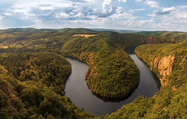 Picture forest, the sky, clouds, trees, river, rocks, Prague, Czech Republic