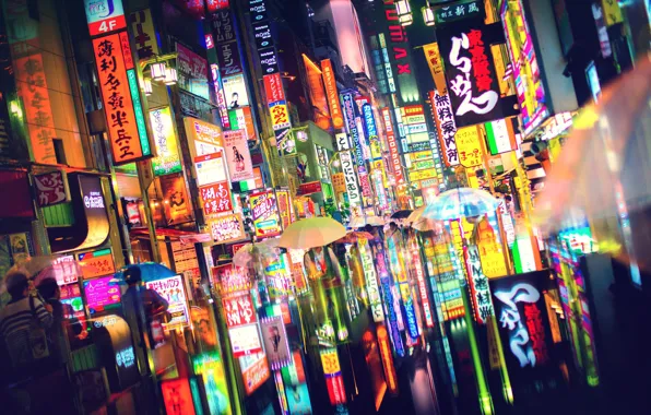 Light, the city, lights, people, Japan, Tokyo, umbrellas