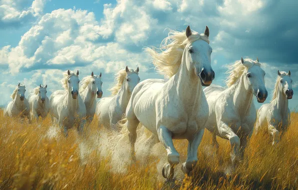 Field, summer, the sky, grass, look, clouds, horses, dust