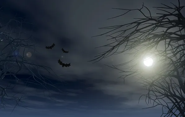 Tree, Night, The moon, Branches, Halloween, Halloween, Bats