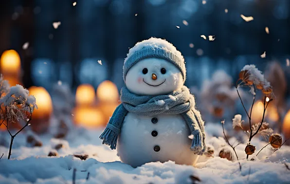 Winter, snow, Christmas, New year, snowman, Christmas, snow, bokeh