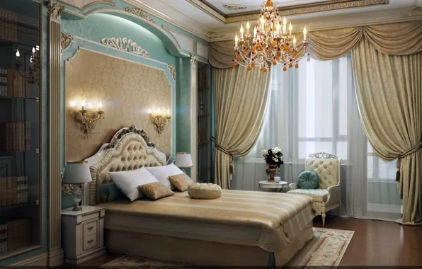 Picture chandelier, curtains, bedroom