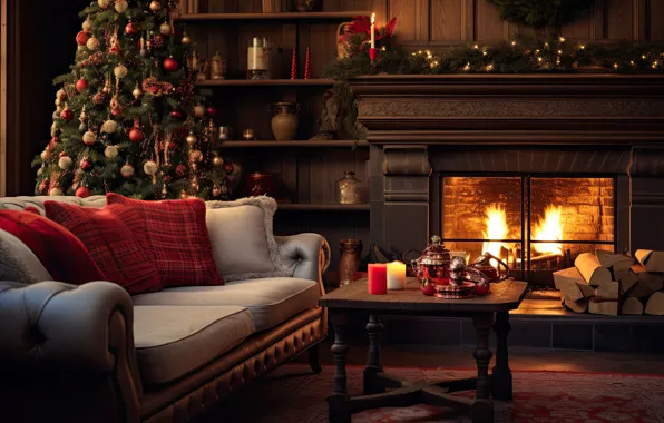 Decoration, room, balls, tree, interior, chair, New Year, Christmas