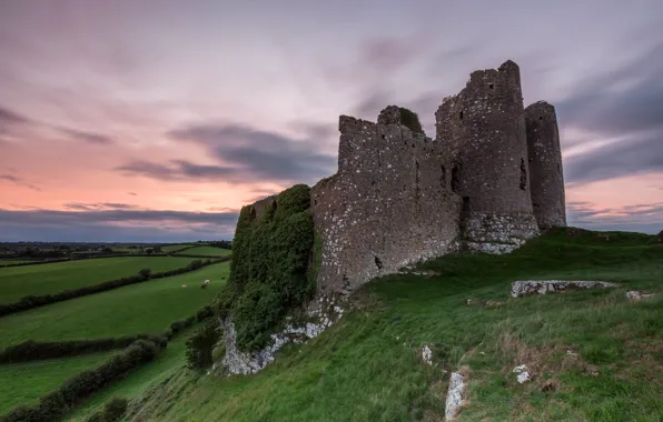 Clouds, castle, hills, ruins