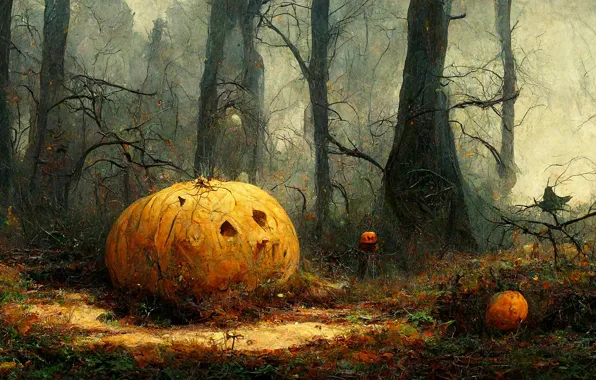 Autumn, forest, trees, branches, fog, trunks, glade, figure