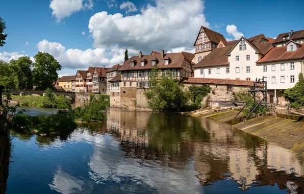 Clouds, reflection, river, home, Germany, Baden-Württemberg, Cooker, Schwäbisch Hall