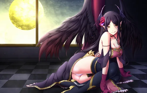 Girl, the moon, wings, window, art, demoness, uroboros wesker