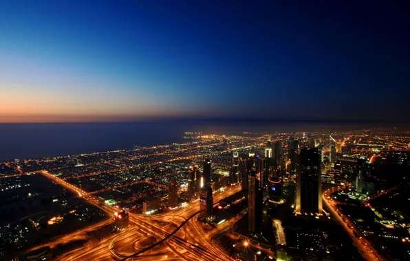 Sea, the city, lights, road, Dubai, dubai, UAE, district
