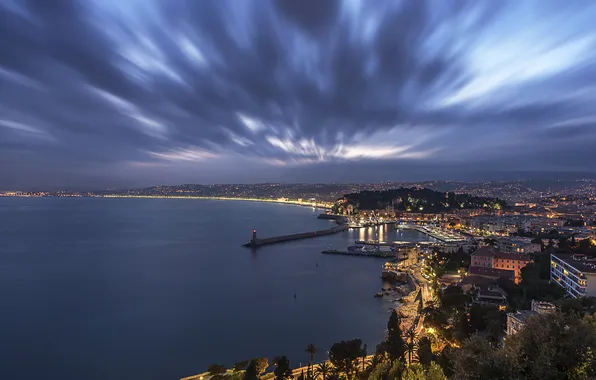 Sea, night, lights, coast, France, lighthouse, panorama, Nice