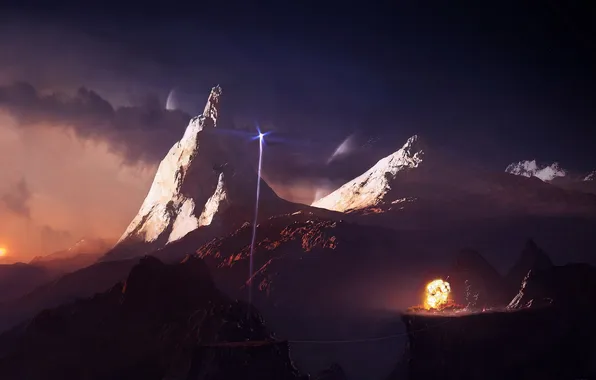 The sky, sunset, the explosion, Mountains, rocket