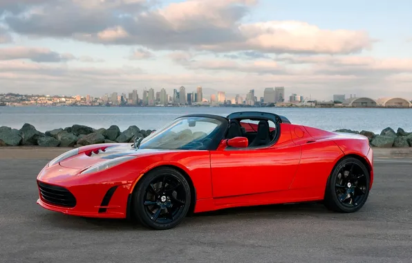 Picture sea, water, city, the city, Bay, roadster, tesla