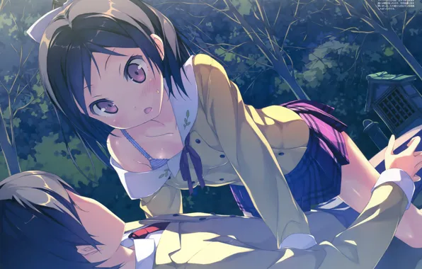 In the Park, embarrassment, lying on her back, school uniform, awkward, Hentai Ouji to Warawanai …