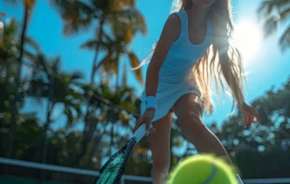The sun, The ball, Sport, Girl, Tennis, Athlete, Racket, Digital art