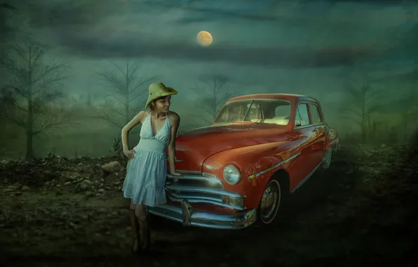 Picture machine, auto, girl, trees, night, the moon, photoshop