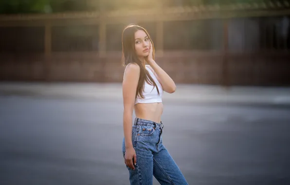 Girl, beautiful, jeans, sweet, look, long-haired, tank top