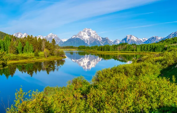 Landscape, mountains, river, USA, Grand Teton National Park