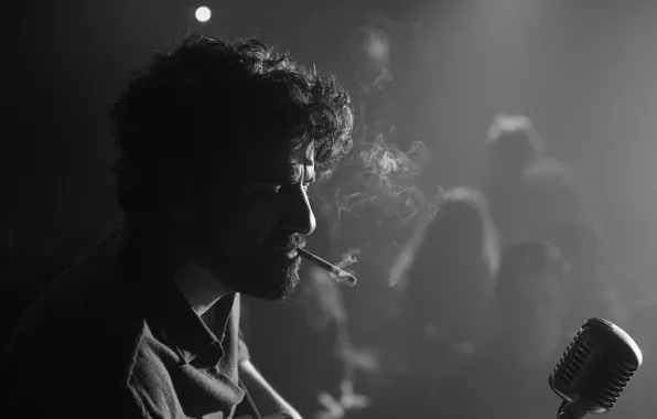 Picture smoke, b/W, cigarette, curls, black and white, microphone, beard, twilight