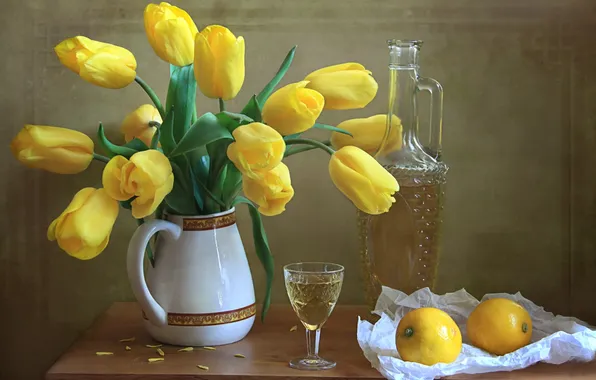 Lemon, glass, tulips, still life, lemons, decanter