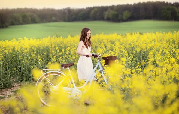 Field, girl, joy, flowers, yellow, nature, bike, smile