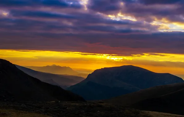 The sky, color, clouds, light, landscape, sunset, mountains, yellow