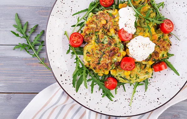 Tomato, sour cream, pancakes, arugula, squash