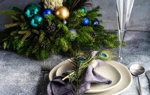 Balls, branches, table, glass, candle, Christmas, spoon, plates