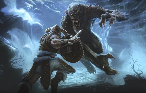 Monster, warrior, battle, The Elder Scrolls V: Skyrim