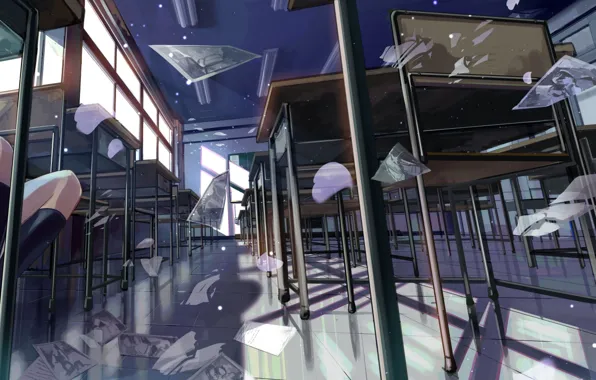 Picture girl, paper, chairs, anime, art, tables, the camera, leaves