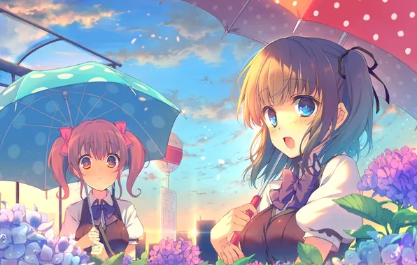 Picture the sky, clouds, flowers, the city, girls, home, umbrella, anime
