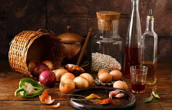 Picture bow, dishes, bottle, still life, spices, beans